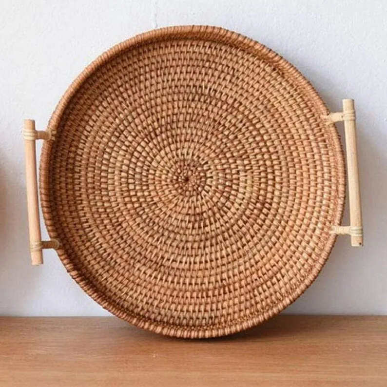 Bandeja de Servir Premium em Rattan Natural para Pequeno Almoço e Decoração