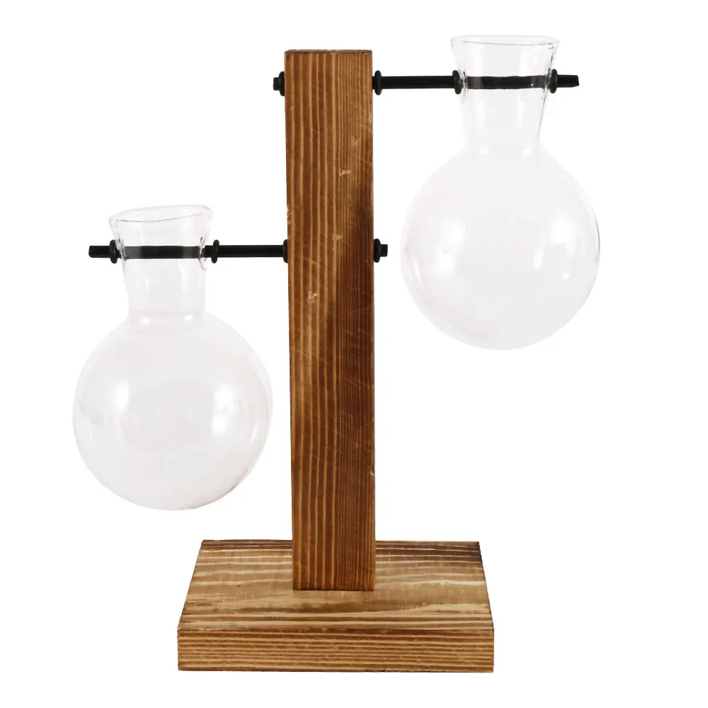 Terrário de Vidro com Suporte de Madeira para Plantas Hidropónicas