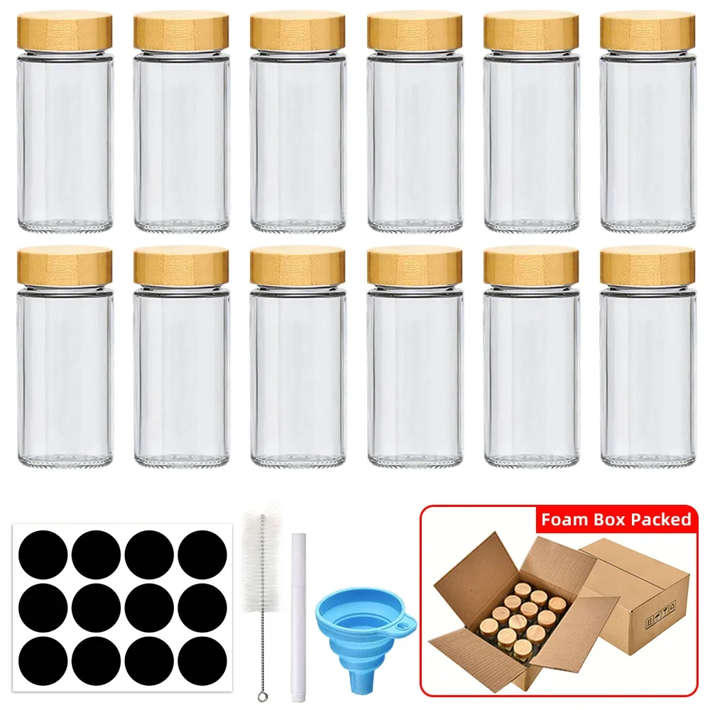 Conjunto Premium 12 Frascos para Especiarias com Tampa de Bambu e Etiquetas