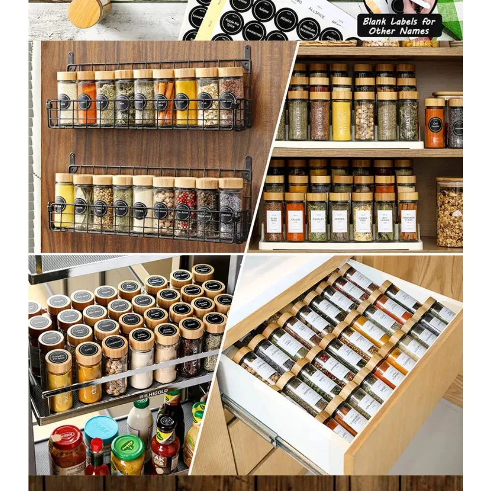 Conjunto Premium 12 Frascos para Especiarias com Tampa de Bambu e Etiquetas