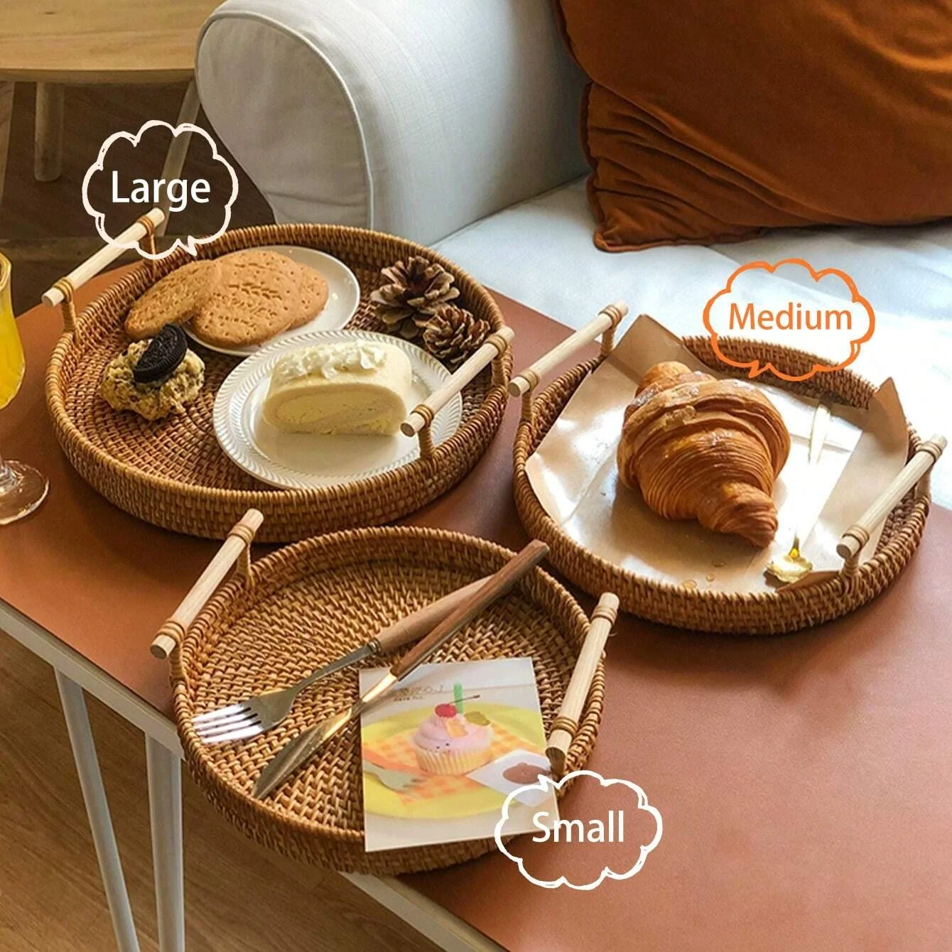 Bandeja de Servir Premium em Rattan Natural para Pequeno Almoço e Decoração