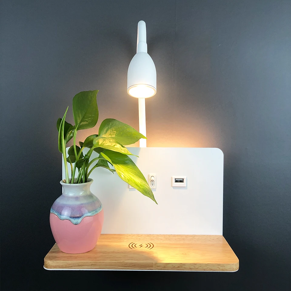 Luminária LED de Parede com Carregamento Sem Fios e Prateleira Integrada