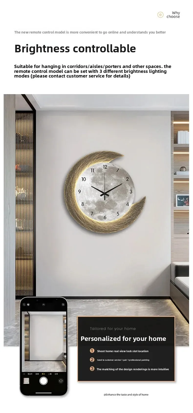 Relógio de Parede LED Lua Premium com Iluminação Ambiente