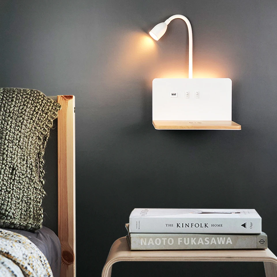 Luminária LED de Parede com Carregamento Sem Fios e Prateleira Integrada