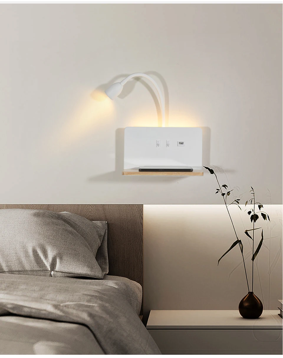 Luminária LED de Parede com Carregamento Sem Fios e Prateleira Integrada