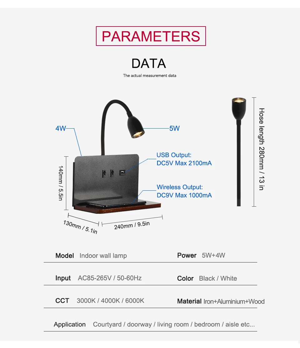 Luminária LED de Parede com Carregamento Sem Fios e Prateleira Integrada