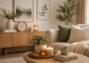 Detalhes de decoração numa sala com relógio, velas, planta e quadros em harmonia
