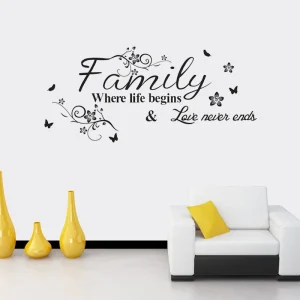 Autocolante Decorativo Family Love aplicado numa parede moderna de sala de estar
