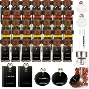 Conjunto de frascos para especiarias em vidro com tampa de madeira