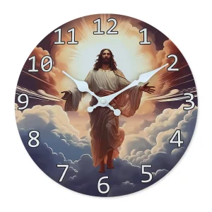 Relógio de parede decorativo com imagem de Jesus Cristo rodeado por nuvens e luz divina