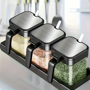 Conjunto premium de 3 frascos para especiarias com colher integrada para organização moderna da cozinha