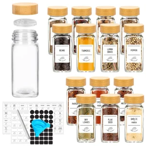 Conjunto premium de 12 frascos de vidro para especiarias com tampas de bambu e etiquetas organizadoras