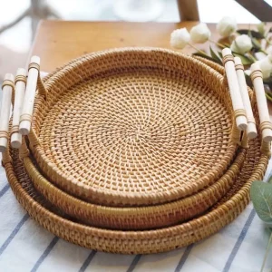Bandeja de Servir Premium em Rattan Natural para Pequeno-Almoço, Café, Chá e Decoração de Casa