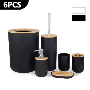 Conjunto Bamboo Luxury de 6 peças para casa de banho moderna com acabamento em bambu.