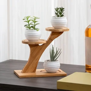 Suporte de bambu para plantas com dois níveis decorativos