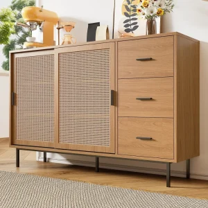 Aparador Rattan Moderno com Portas Deslizantes e 3 Gavetas para Sala de Jantar