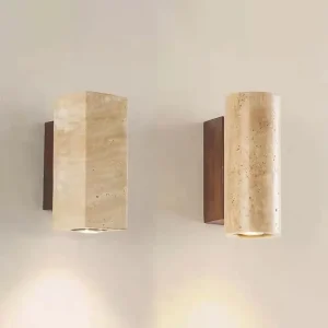 Luminária de parede Wabi Sabi em travertino natural com iluminação LED quente